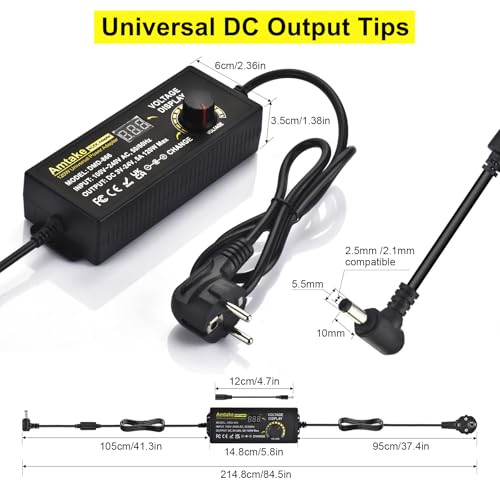 Universal Power Supply Adjustable AC to DC 3V ~ 24V Variable Switching AC/DC Adapter 5A 120W with LED Voltage Display and 5.5 x 2.5 mm 14 Tips for Household Electronics, DC Motor 5