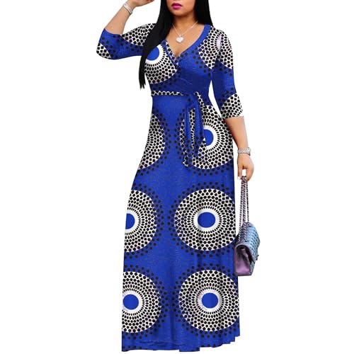 AOMONI Women's Floral Print Maxi Dresses Summer with Pockets Casual 3 4 Sleeve V-Neck Wrap Tie Waist Long Dress, M-3XL2