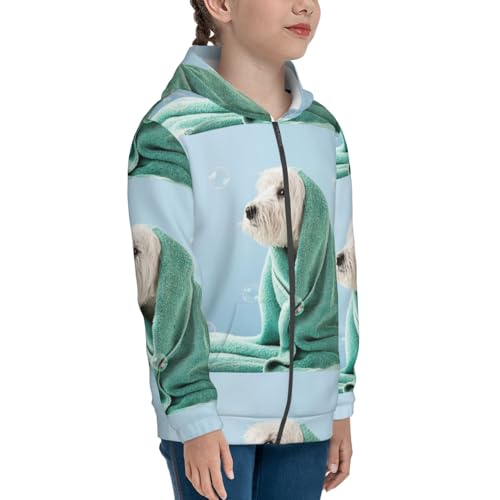 Dog Wrapped in Towel Kid Hoodies Boys Zip Up Sweatshirts Girls Pullover with Pocket4