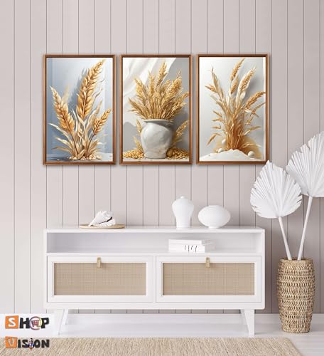 Kit 3 Quadro Decorativo Trigo Branco Dourado Prosperidade Fartura