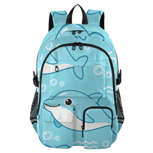 Mochila escolar con delfines grandes y compartimento acolchado para laptop de viaje