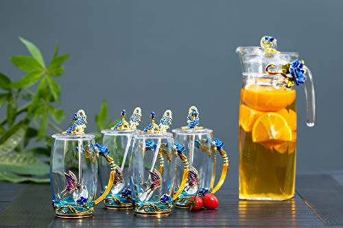 Crystal Glass 3D Butterfly Flower Tea Cups, Coffee Cup Mug Set, Including 4 Fancy Glass Teacup with Spoon & Flower Tea Steeping Mug with Lid, Gift Box Package, A Great Gift Present Idea. (Blue 12oz)