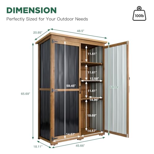 Image of Outdoor Storage Cabinet Waterproof with Shelves, Outdoor Storage Shed Garage Cabinet Weatherproof, Wood & Metal Outside Patio Backyard Garden Pool Storage Tool Organizer