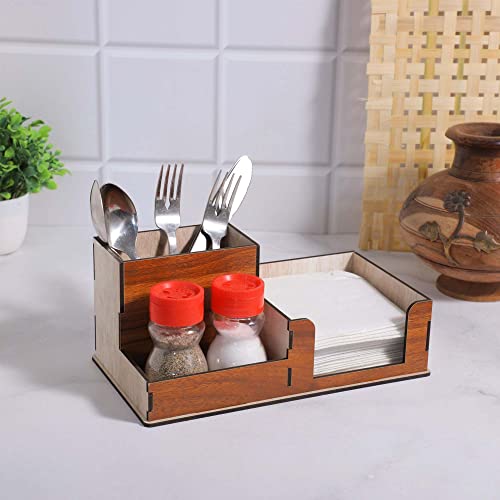 Image of Deskart Kitchen Cutlery Holder | Spoon, Fork, Knife, Napkin Tissue And Salt Pepper Organizer Stand For Home & Kitchen, Resturant, Cafe Dining Table Wooden MDF Dining Table Organizer (Modern)
