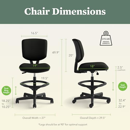 Image of HON Volt Standing Desk Chair with Bonded Leather Seat and Back, Armless Ergonomic Task Stool with Adjustable Footring and Center‑Tilt Recline for Sit‑Stand Workstations, Black