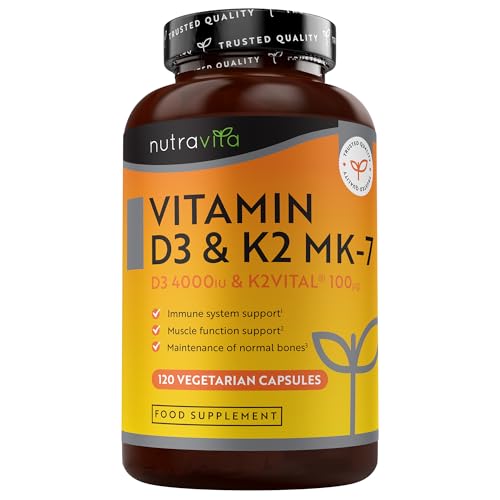 Nutravita Vitamina D3 y K2 4000UI + 100µg MK7 K2VITAL® - 120 Vit D Cápsulas - Máxima Potencia D3 K2 - Vitamina D - Sistema Inmunitario - Colecalciferol y Menaquinona-7