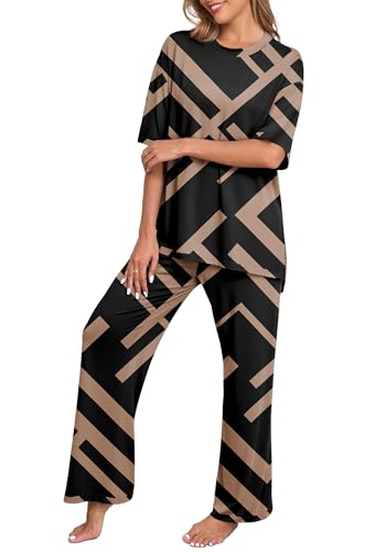 Image of PrinStory Womens Pajamas Sets 2 Piece Lounge Set Short Sleeve Tops and Long Pants Soft Pjs Loungewear with Pockets