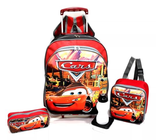 Kit Mochila Escolar Carros Mcqueen Lisa Vermelha Tam G Rodinhas Meninos