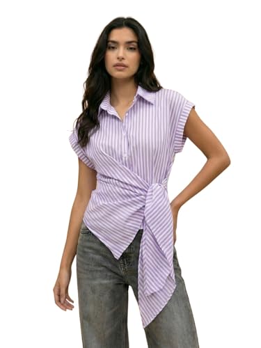 Image of Women Striped Wrap Style Cotton Shirt Drop Shoulder Casual Wear