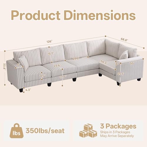 Image of 126 inch Stripe Pattern Sectional Corner Sofa with Storage Armrests & 2 Pillows, Oversized Modular Couch L-Shape Sofa Upholstered L-Shape Couch 5-Seat Sectional for Living Room, Apartment, Bedroom