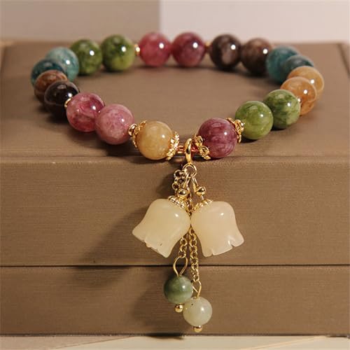 Natural Colored Tourmaline Bracelet, Hand Carved Lily of The Valley Flower Pendant Bracelet, Crystal Beaded Flower Charm Bracelet, Good Luck Jade Bead Bracelet for Women (Style 01)4