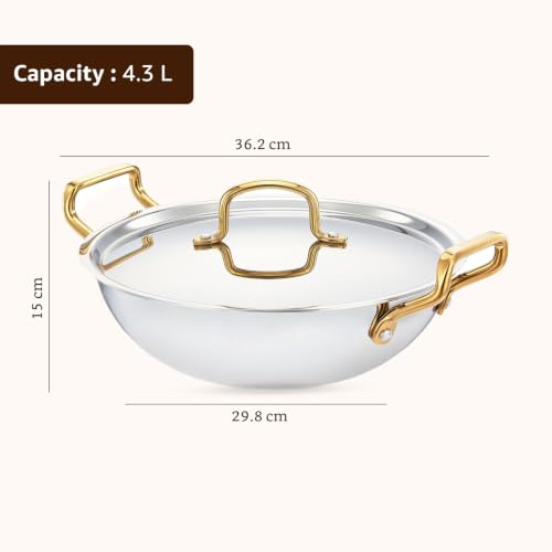 Image of Amazon Brand - Solimo Premium Triply Stainless Steel Kadhai 28cm (4.3L) | SS Lid | Even Heating | Gas & Induction Compatible | Dishwasher Safe | Food Safe SS 304 | Elegant Golden Handles | BIS Certified
