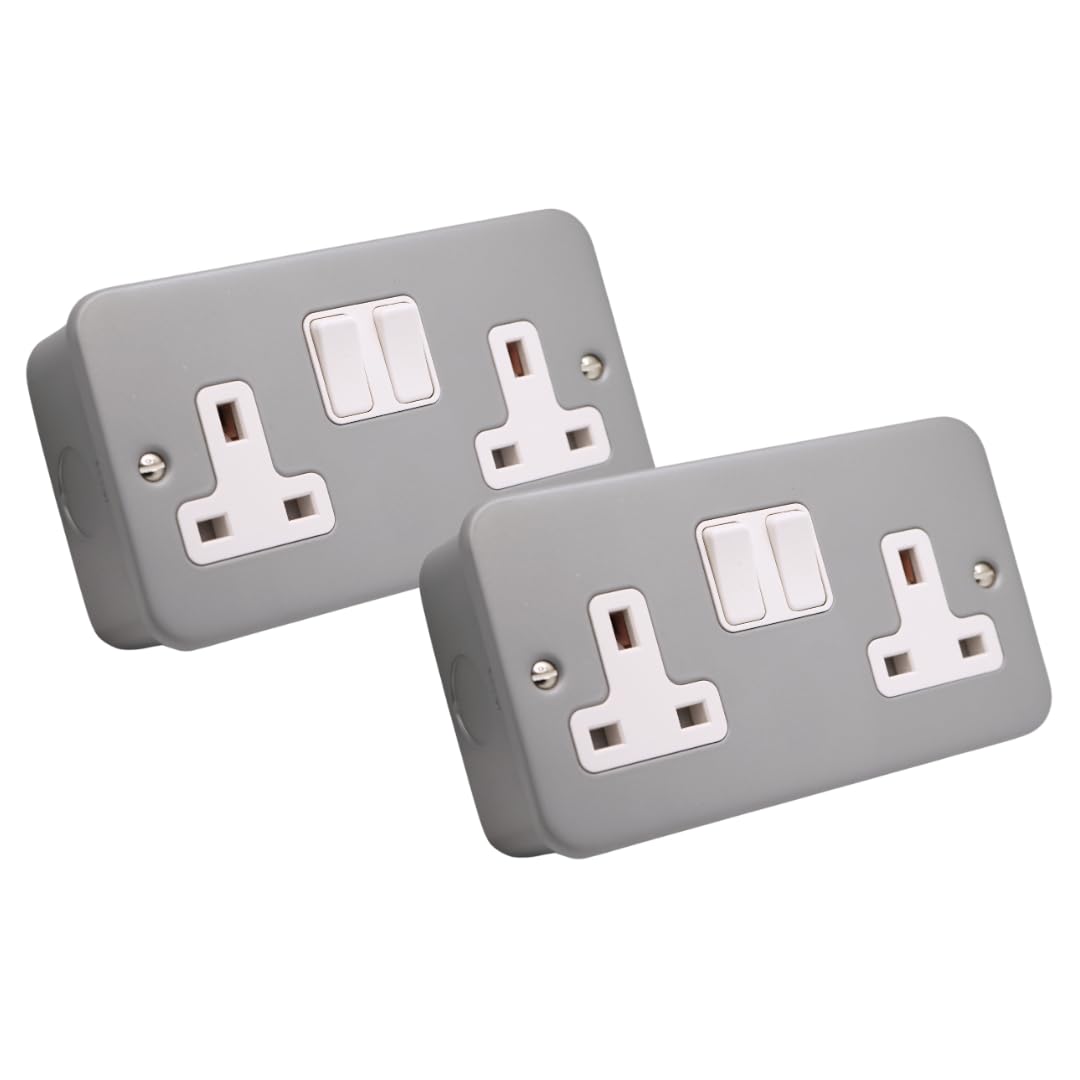 SHPELEC® 13A Premium Switched Metal Clad Double Sockets 2 Gang BS Standard - Available in 1, 2, and 3 Pack Variations (2)