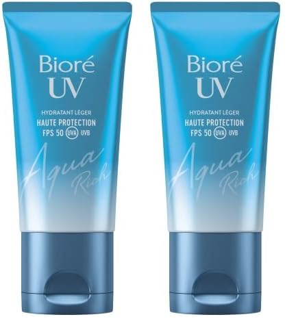 Biore Aqua Rich UV FPS50 - Haute Protection UV au Quotidien & Hydratation - Crème solaire visage - Acide hyaluronique - Texture non grasse et invisible - Tous types de peaux et carnations (Lot de 2)