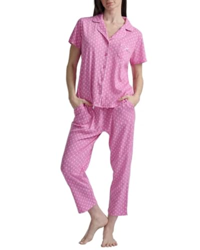 Karen Neuburger Women's Notch Collar 2-Piece Slim Leg Pajama Set (Pink, Large)