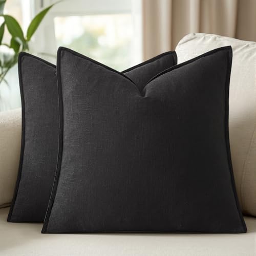 Image of 18x18 Inch Set of 2 Decorative Linen Solid Throw Pillow Covers Boho Accent Farmhouse Couch Pillowcases Modern Netural Home Decor for Couch Sofa Living Room Bed,Black