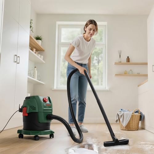 Bosch Aspirateur Eau et poussière PAS15-200 (Tubes rallonges, Flexible d’Aspiration 2,2 m, poignée-Tuyau coudé, suceurs pour sols et suceurs Droits, Sac en Papier (FSC), Filtre à Cartouche)