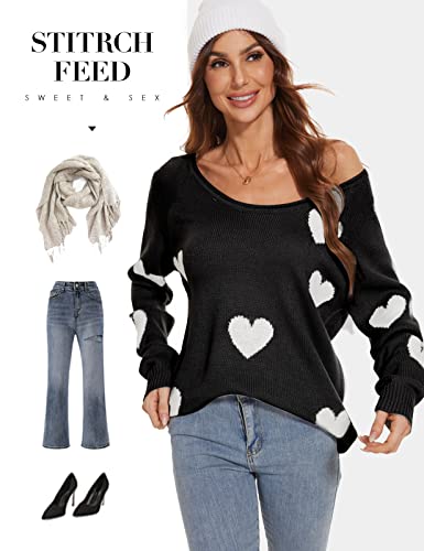 Heart Sweater For Women, Off Shoulder Love Heart Sweaters, Women's Lightweight Sweater Tops With Hearts For Valentine's Day Black #TOP2
