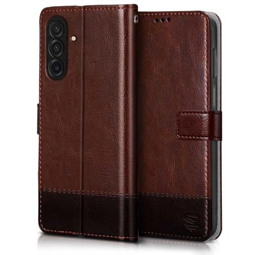Image of FLIPPED Vegan Leather Flip Case Back Cover for Samsung Galaxy M17 5G | A17 5G | F17 5G (Flexible, Shock Proof | Hand Stitched Leather Finish | Card Pockets Wallet & Stand | Brown with Coffee)