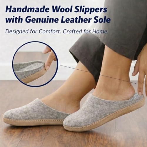 Image of Wool Felt Mule Slippers for Women & Men, Handmade 100% Natural Wool Backless House Shoes with Premium Suede Sole, Warm Breathable Indoor Slip-On