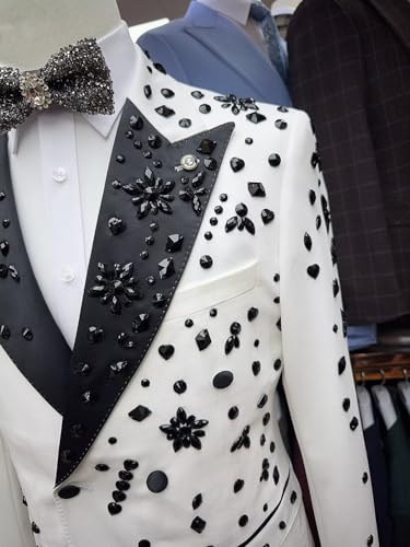 Men's 2 Piece Shiny Suits Crystal Embellished Rhinestones Tuxedo Slim Fit Outfits with Jacket Pants4