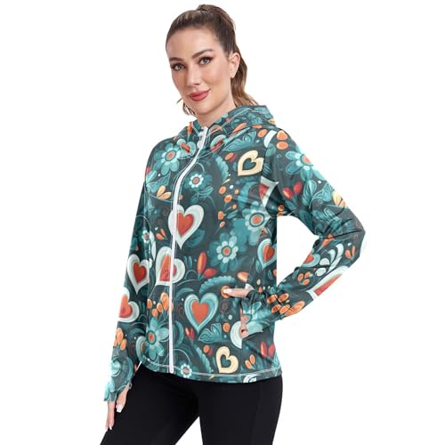 JUNZAN Moletom feminino de corrida com capuz e zíper floral azul abstrato FPS 50+ leve P, Flor azul