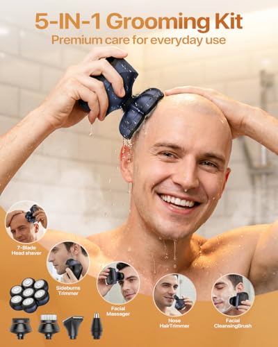 Image of 7D Electric Head Shavers for Bald Mem, Waterproof Wet /Dry Electric Razor for Head /Face, LED Display, Fast Charging & Magnetic Blade, 5-in-1 Grooming Kit for Home & Travel-Dark Blue
