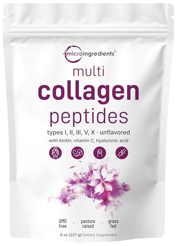 Micro Ingredients Multi Collagen Peptides Powder, 8oz | Type I, II, III, V, X + Biotin, Vitamin C & Hyaluronic Acid | Unflavored | Supports Hair, Skin & Joint Health | Keto, Non-GMO