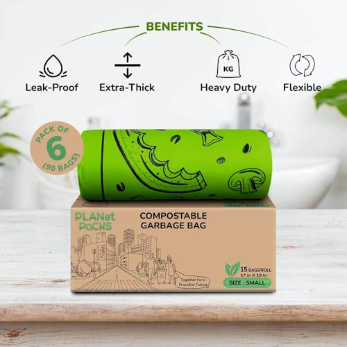 Image of Compostable Garbage Bags | Small (17 * 19 inches) | Pack of 6 (90 pcs) | Green Color | 100% Compostable & Biodegradable Garbage Bags | Leak-Proof & Heavy Duty