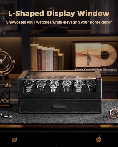 Image of ProCase Watch Box for Men, 12 Slots Watch Display Holder with Clear Acrylic Top, Large Capacity PU Leather Case with Drawer Organizer, Jewelry Storage, Ideal Gift for Men Women -Black
