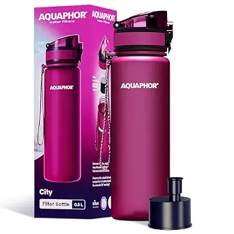 AQUAPHOR City Water Filter Bottle 17 oz - Reusable & Portable BPA-Free Filtered Water Bottle, Ruby Red