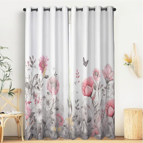 Jardín Elegante Cortinas Opacas 2 Piezas 140An X 175Al Cm (2 Paneles),Flores Y Mariposas Habitacion Ventana con Ojales, Blanco Fuerte Y Suave Cortina Opaca Termica Aislante Blackout