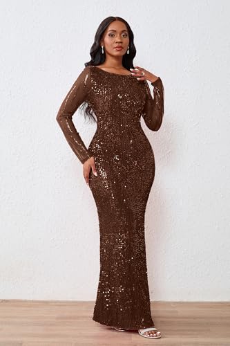 Image of VERWIN Women's Sequins Bodycon Round Neck Long Sleeve Sparkly Mermaid Maxi Dress for Casual Party Cocktail