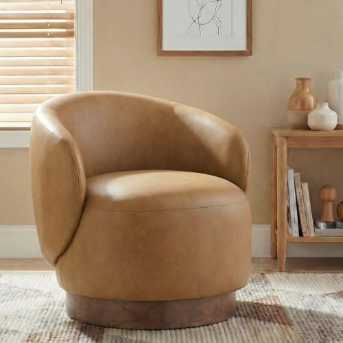 Image of KISLOT Swivel Accent Chair Modern Round Barrel Armchair with Upholstered Faux Leather for Living Room Bedroom Waitingroom,1 Box,Brown