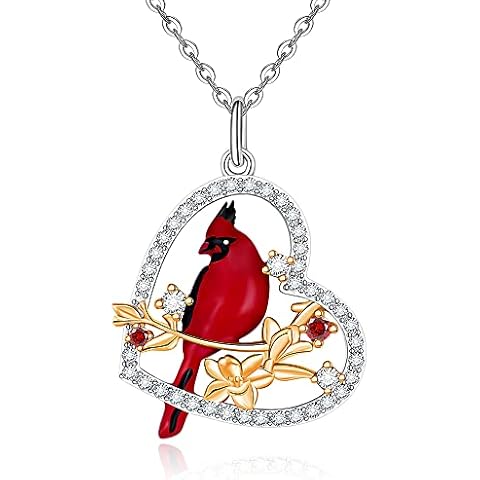 Sterling Silver Heart Red Cardinal Necklace for Women Mom Mother Daughter Friend Crystal Couples Cute Bird Necklaces Dainty Cubic Zirconia Long Chain Cover