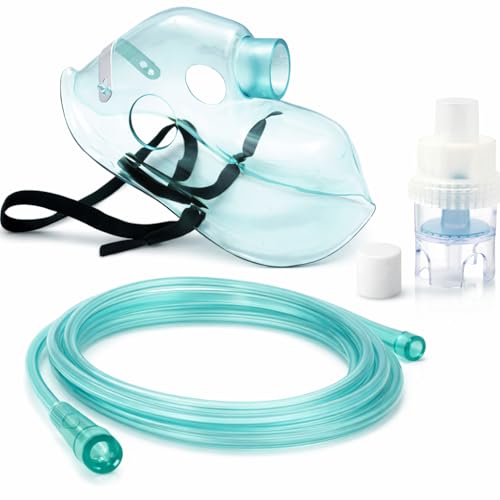 ALL4US® Kit ricambi per aerosol universale per adulti con maschera, ampolla, fascia elastica, tubo da 2.1 metri per inalazione, filtro ed accessori per nebulizzatore, compatibile con tutte le marche.