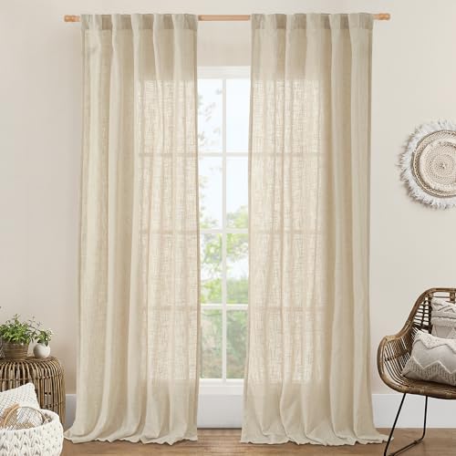 LAMIT Light Filtering Linen Curtains 84 inches Long for Bedroom, Linen Textured Semi Sheer Back Tab and Rod Pocket Natural Boho Drapes for Living Room/Farmhouse, 2 Panels, Linen, 42 x 84 Inch