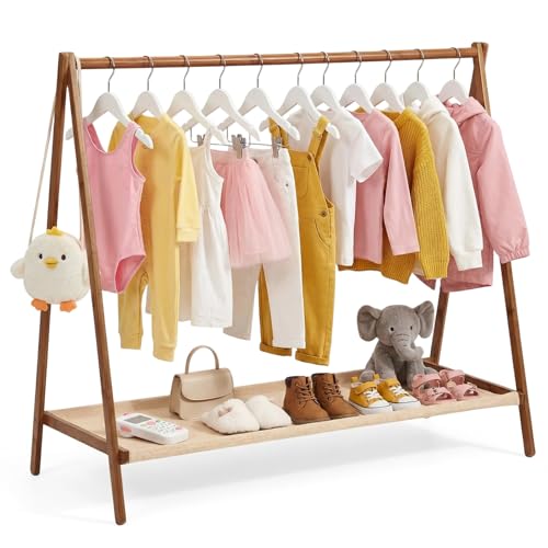 Warmiehomy Clothes Rail, Kids Wardrobe Clothing Rail Dress Up Rail, Small Childrens Clothes Rails Mini Coat Stand with Doll Storage for Bedroom, W100 x D44 x H76, Brown