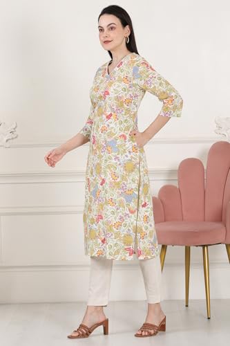 Image of White Floral Printed Pure Cotton Straight Kurta with Lace on Neck
