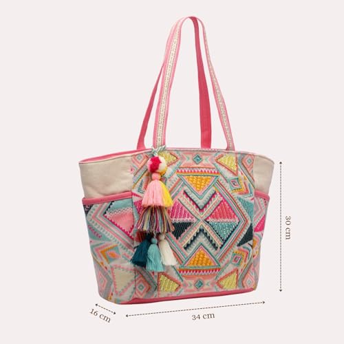 Image of Anekaant Kooky Boho Geometric Embellished Handloom Cotton Jacquard Tote Bag for Women | Handmade Designer Ethnic Bohemian Large Casual Carry Bag