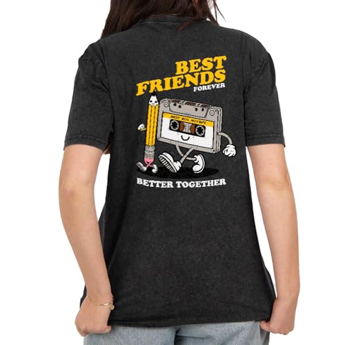 Pampling Camiseta de Manga Corta, 100% Algodón, Doble Impresión, Ropa Unisex para Hombre y Mujer, Serigrafiada con Cuello Redondo y Corte Recto, Color Washed Black (Best Friends, M)