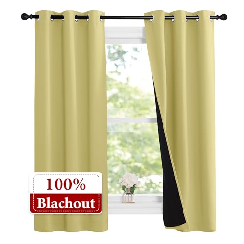 Image of NICETOWN 100% Blackout Short Curtains with Black Liners, 2 Panels, 37 inch W by 50 inch L, Paler Yellow, Thermal Insulated Full Blackout 2-Layer Lined Drapes, Energy Efficiency Window Draperies for Bedroom