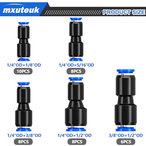Image of mxuteuk Quick Connect Air Hose Fittings,5 Size Push to Connect Fittings,1 /8 inch,1 /4 inch,5 /16 inch,1 /2 inch,3 /8 inchOD Air Line Fitting Straight reducer Union /Coupler(40PCS)