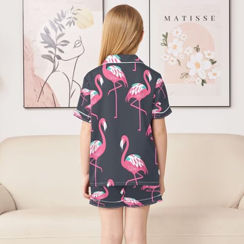 senya Pajama Sets Silky Button Down Nightwear Sleepwear Size 5-14 Years Flamingo Black Background4