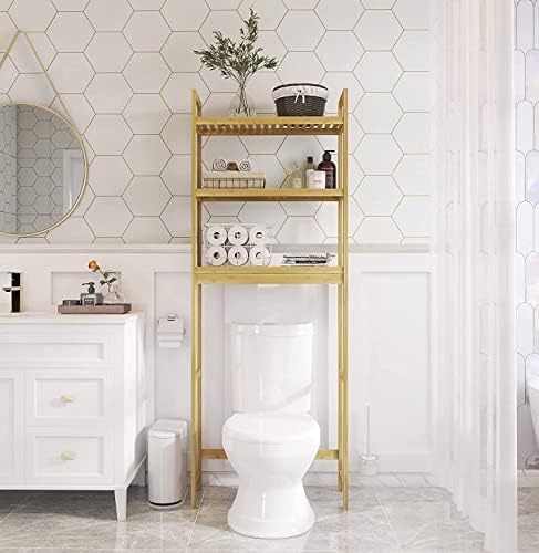 SMIBUY Bathroom Storage Shelf, Bamboo Over-The-Toilet Organizer Rack, Freestanding Toilet Space Saver with 3-Tier Adjustable Shelves (Natural)