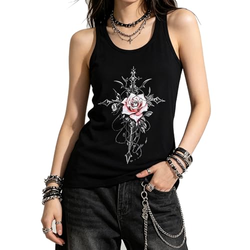 Image of MILAKOO Vintage Graphic Vest T-Shirt Black Cotton Tank Top for Women Cross Pink Rose Print Vest for Party, M