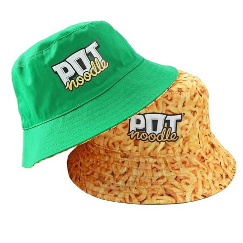 Kimm & Miller Pot Noodle Bucket Hat – Unisex Womens & Mens Bucket Hat – Design Reversibile – Accessori Novità Festival – Cappelli divertenti in verde & Noodle Print, Verde, Etichettalia unica
