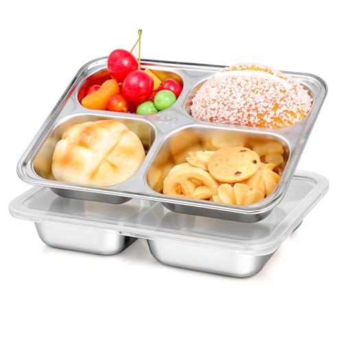 2 Pcs Stainless Steel Snack Containers with Lids, 4 Compartments Stainless Steel Lunch Box, Reusable Meal Prep Lunch Containers for Kids Adults, Divided Food Storage Containers for School Home Travel
