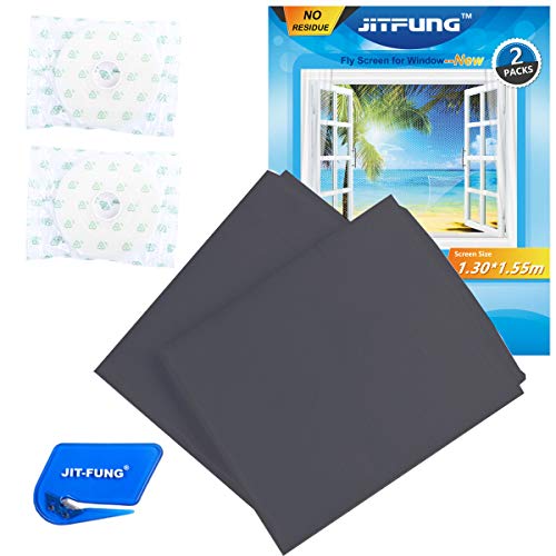 JIT-FUNG Mosquito Net for Windows-2 Packs [Traceless], Fly Screen Insect Mesh 1.3m x 1.55m, with 2 Rolls Self-Adhesive Tapes, Black, 3.0