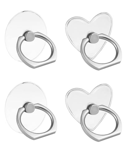 MYGLOAR 4PCS soportes para anillos para teléfono móvil, soporte para anillo para teléfono móvil transparente giratorio de 360°, soporte para anillo para teléfono móvil(redondo y en forma de corazón)